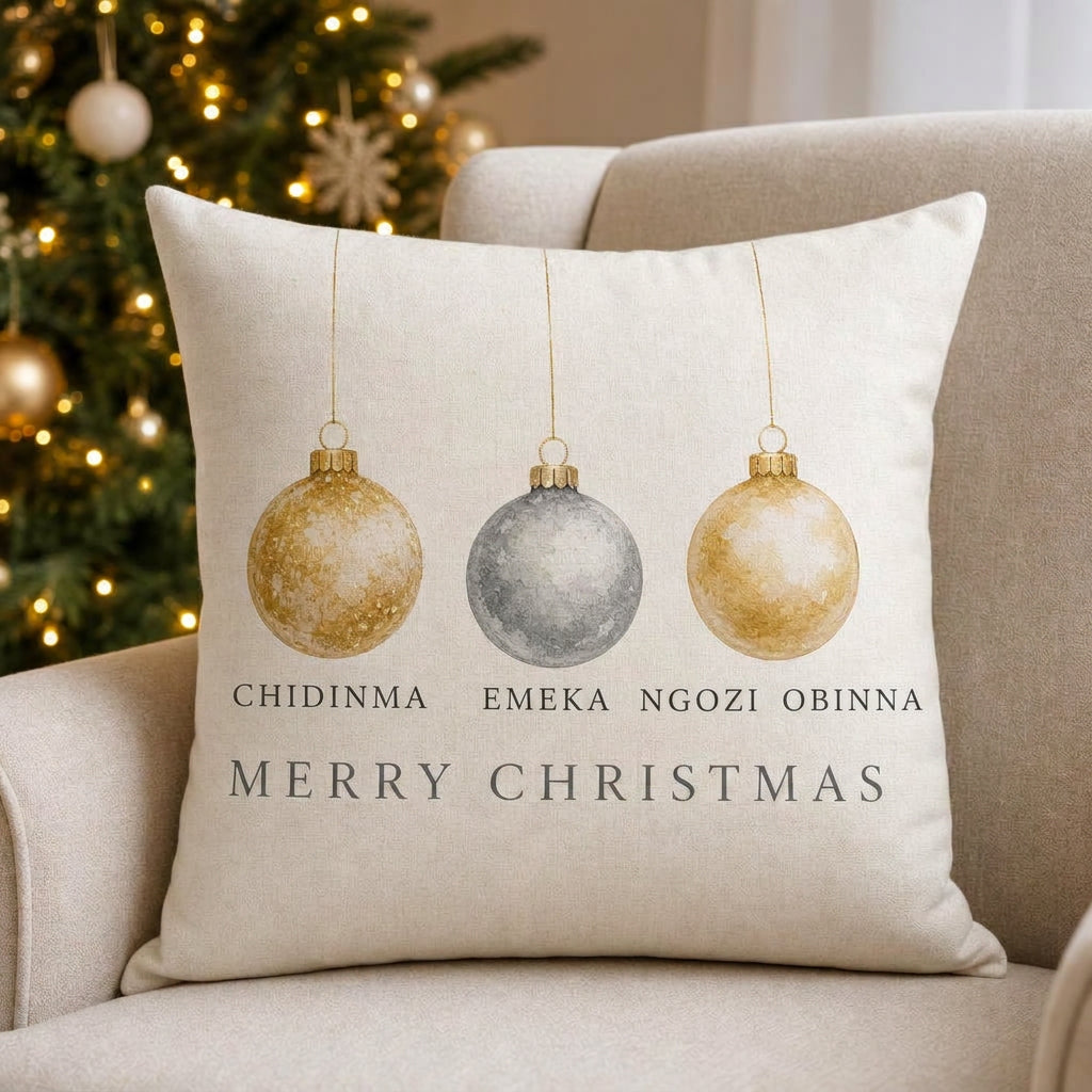 Gold bauble personalised family cushion