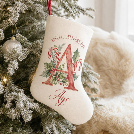 Initial and candy cane personalised Christmas stocking