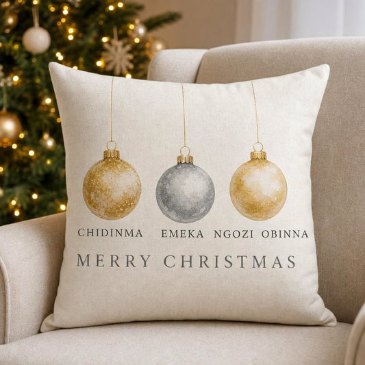 Gold bauble personalised family cushion