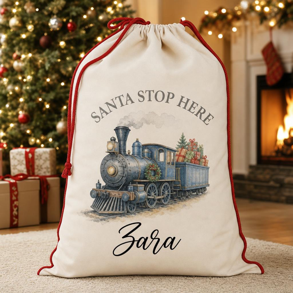 Blue train personalised santa sack