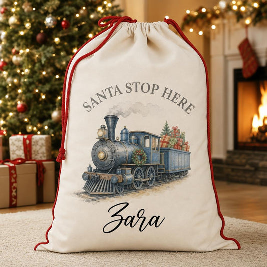 Blue train personalised santa sack