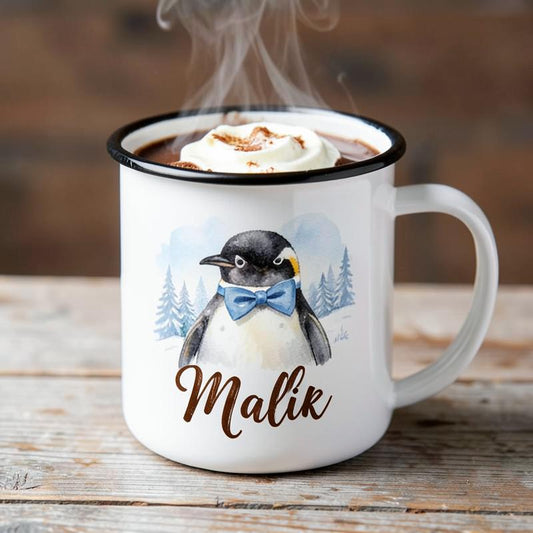 Watercolour penguin enamel mug