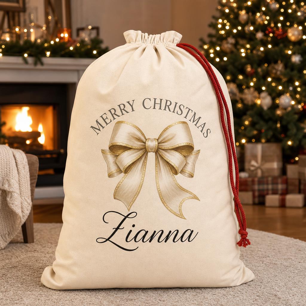 Gold bow personalised santa sack
