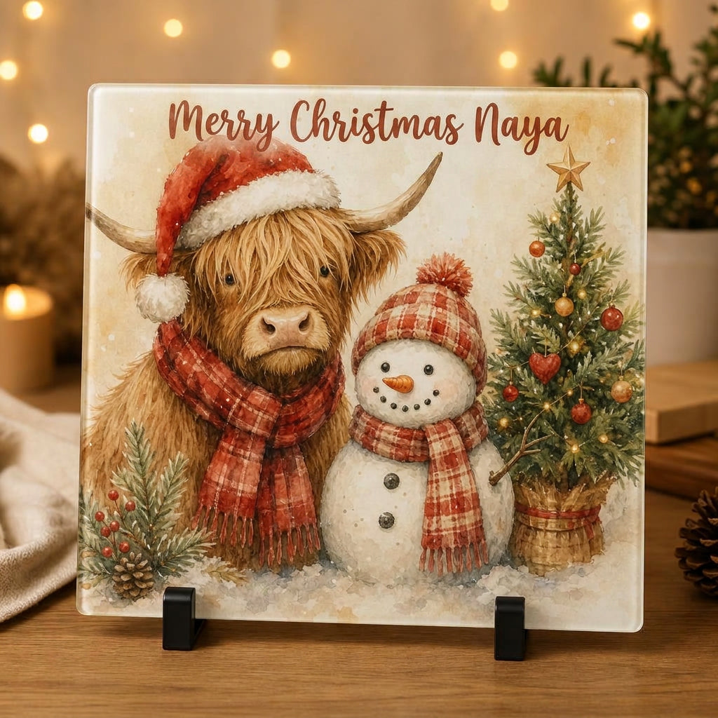 Highland cow and snowman personalised glass board