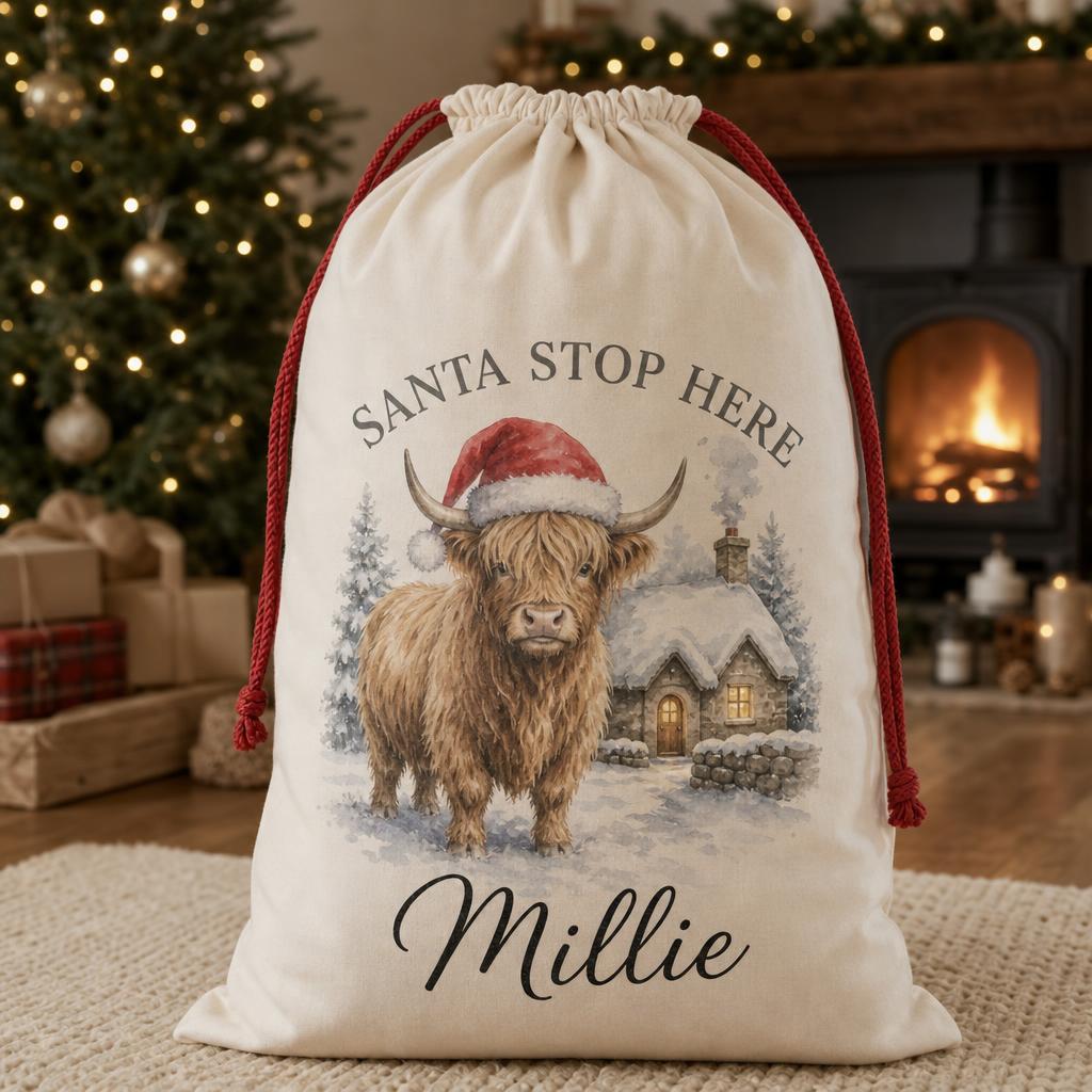 Highland cow personalised santa sack