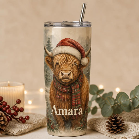 Festive highland cow personalised Christmas tumbler