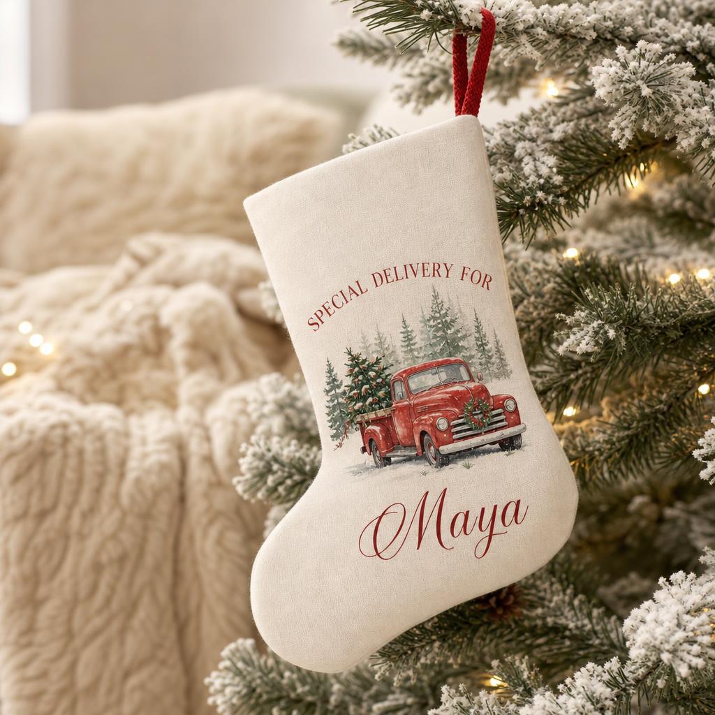 Red truck personalised Christmas stocking