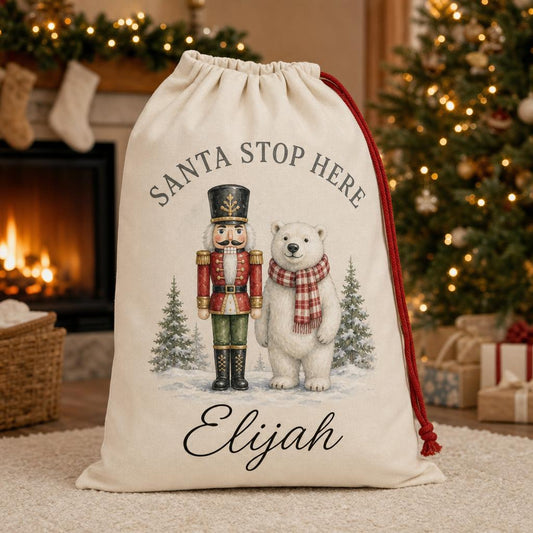 Nutcracker and polar bear personalised santa sack