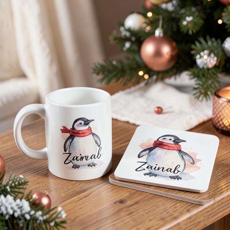 Personalised penguin mug and coaster set