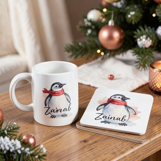 Personalised penguin mug and coaster set