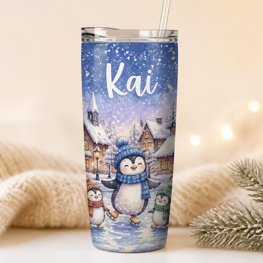 Snowy penguin village personalised Christmas tumbler