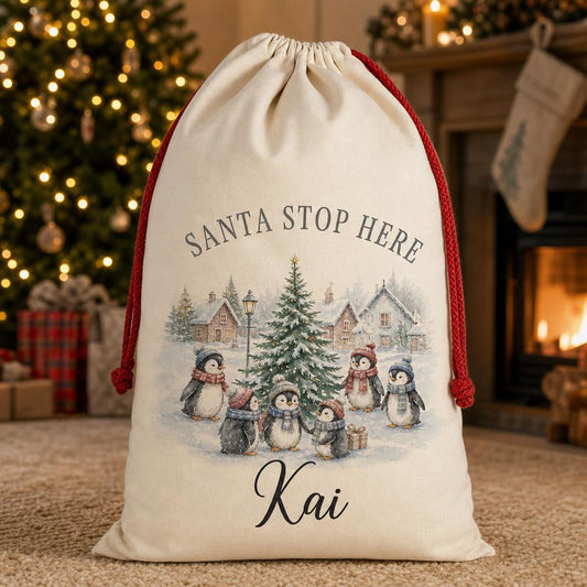 Penguin village personalised santa sack