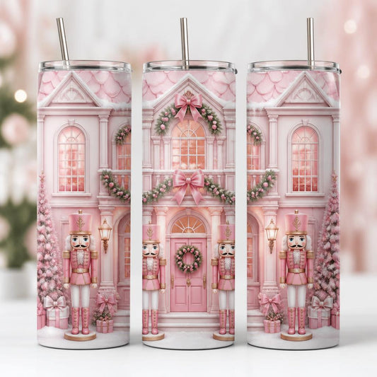Pink nutcracker house skinny tumbler