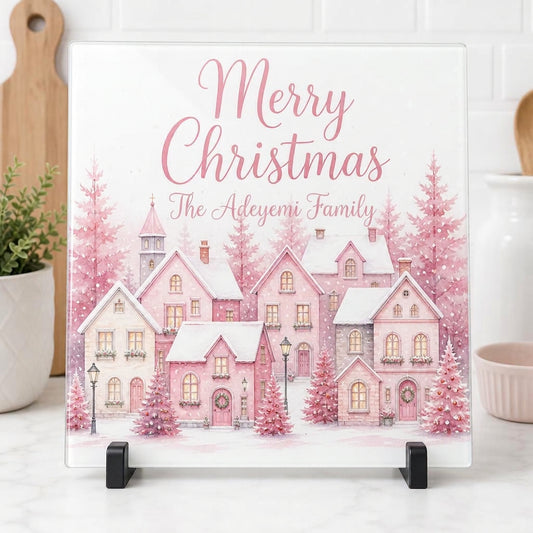 Pink Christmas village personalised glass board