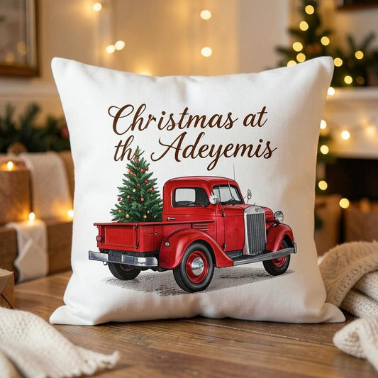 Christmas red truck personalised cushion