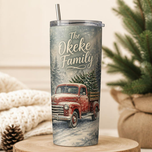 Red truck personalised Christmas tumbler