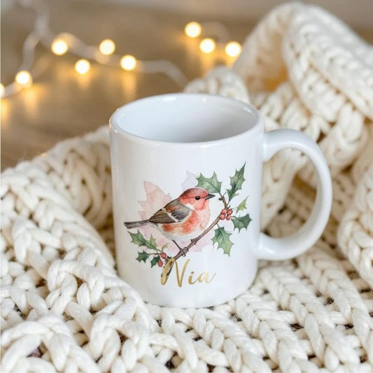 Winter robin and holly personalised mug