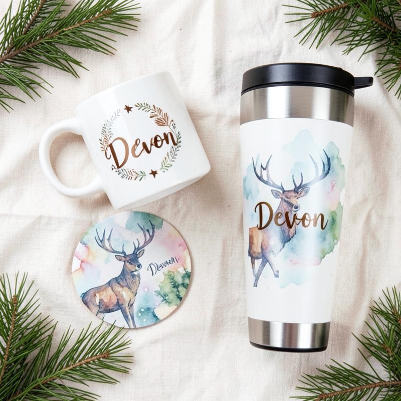 Watercolour stag mug tumbler and coaster bundle