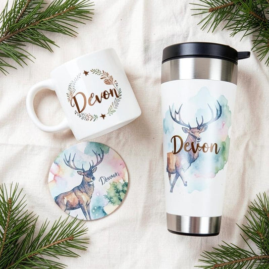 Watercolour stag mug tumbler and coaster bundle