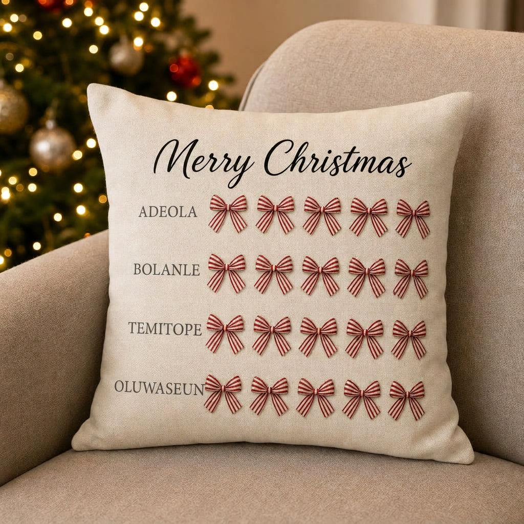 Striped bows personalised family cushion