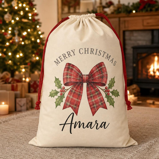 Red tartan bow personalised santa sack