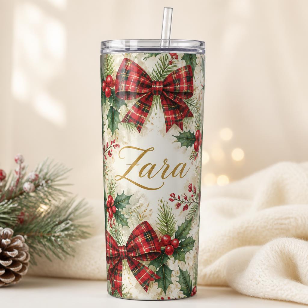 Tartan bow and holly personalised Christmas tumbler