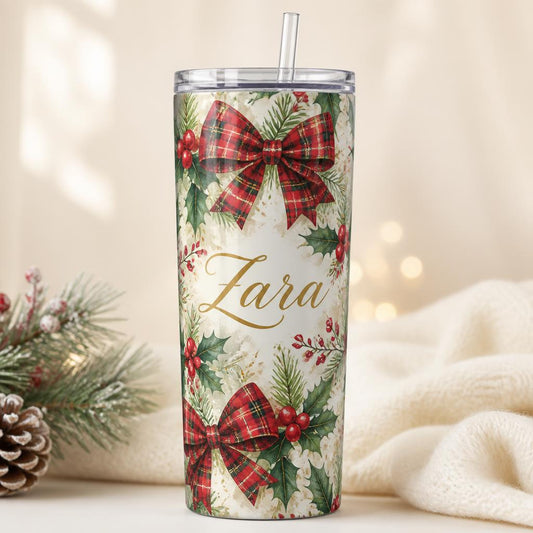 Tartan bow and holly personalised Christmas tumbler