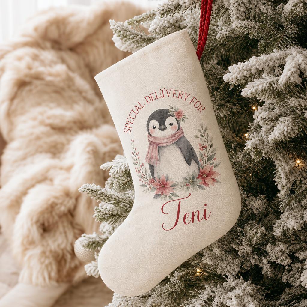 Floral penguin personalised Christmas stocking