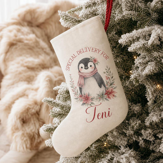 Floral penguin personalised Christmas stocking