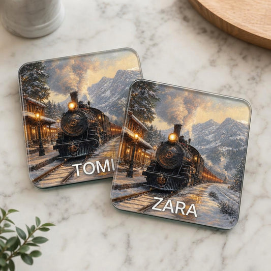 Winter train personalised glass coaster set