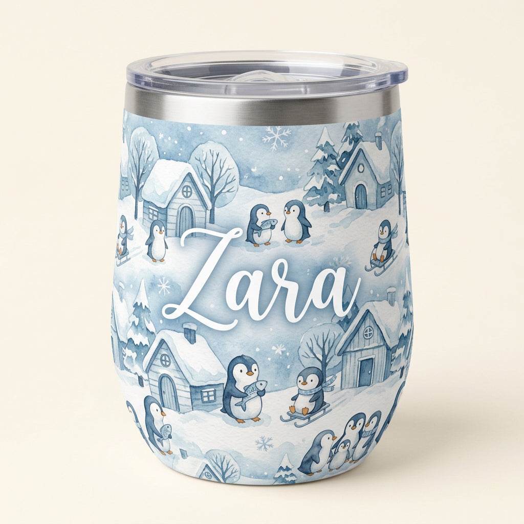 Penguin village personalised insulated wine cup