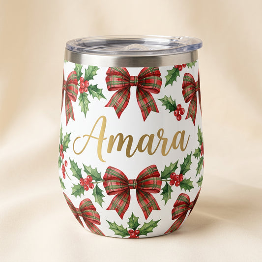 Tartan bow personalised insulated wine cup